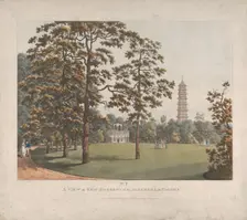 A View in Kew Gardens of the Alhambra and the Pagoda, 1813. Creator: Heinrich Schutz