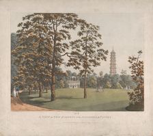 A View in Kew Gardens of the Alhambra and the Pagoda, 1813. Creator: Heinrich Schutz