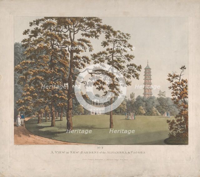 A View in Kew Gardens of the Alhambra and the Pagoda, 1813. Creator: Heinrich Schutz.