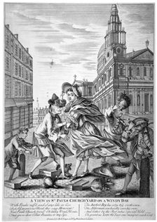 A view in St Paul's Churchyard on a windy day 1740. Artist: Anon