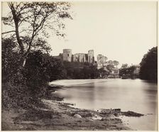 A view looking along the River Tees towards the ruins of Barnard Castle, 1860s. Creator: James Mudd