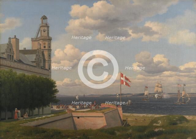 A View towards the Swedish Coast from the Ramparts of Kronborg Castle, 1829. Creator: CW Eckersberg.