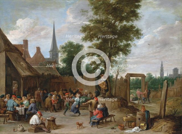 A village inn with peasants dancing and merry making to the music of a hurdy-gurdy.