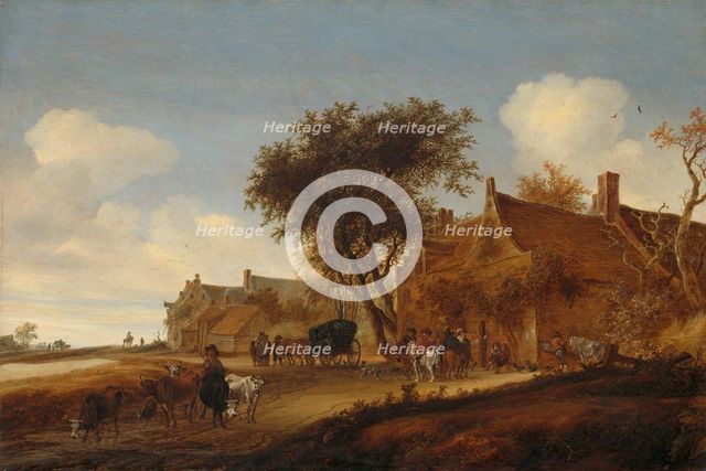 A village inn with stagecoach, 1655. Creator: Salomon Ruysdael.