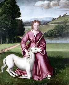 A virgin and a unicorn; representing chastity. Creator: Dosso Dossi