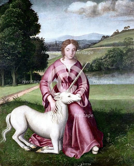 A virgin and a unicorn; representing chastity. Creator: Dosso Dossi.