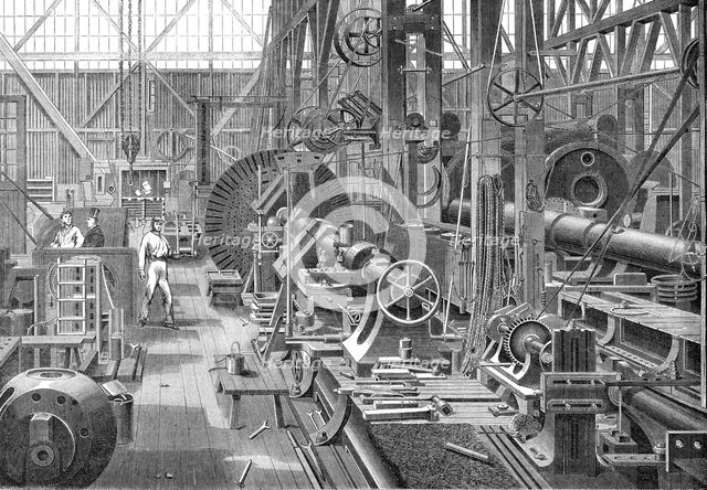 A visit to Penn's Marine Engine Factory, at Greenwich: turning a crank axle, 1865. Creator: Unknown.
