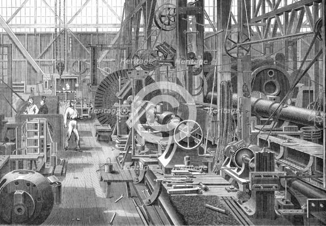 A visit to Penn's Marine Engine Factory, at Greenwich: turning a crank axle, 1865. Creator: Unknown.