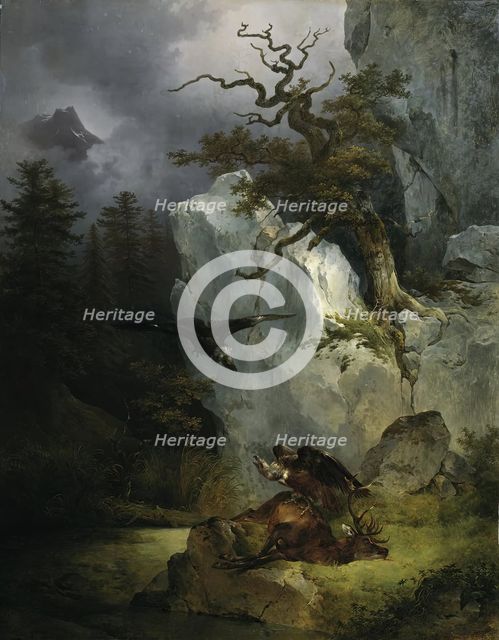 A vulture on a dead deer, 1832. Creator: Friedrich Gauermann.