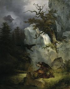 A vulture on a dead deer, 1832. Creator: Friedrich Gauermann