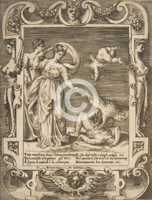 A vulture eating the innards of Titius, Cupid above two women to the left, set within a..., 1531-76. Creator: Giulio Bonasone.