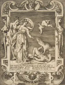 A vulture eating the innards of Titius, Cupid above two women to the left, set within a..., 1531-76. Creator: Giulio Bonasone