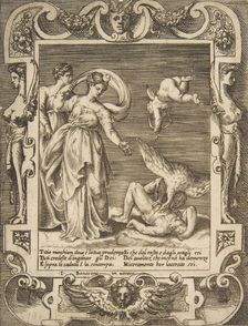 A vulture eating the innards of Titius, Cupid above two women to the left, set within a..., 1531-76. Creator: Giulio Bonasone