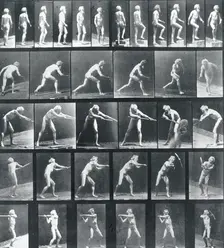 A: Walking. B: Ascending a Step. C: Throwing the disk. D: Using a Shovel. E,F: Using a Pick, 1887. Creator: Eadweard J Muybridge