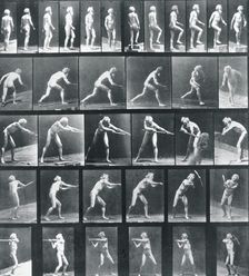 A: Walking. B: Ascending a Step. C: Throwing the disk. D: Using a Shovel. E,F: Using a Pick, 1887. Creator: Eadweard J Muybridge