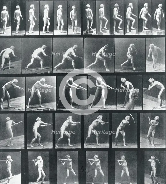A: Walking. B: Ascending a Step. C: Throwing the disk. D: Using a Shovel. E,F: Using a Pick, 1887. Creator: Eadweard J Muybridge.