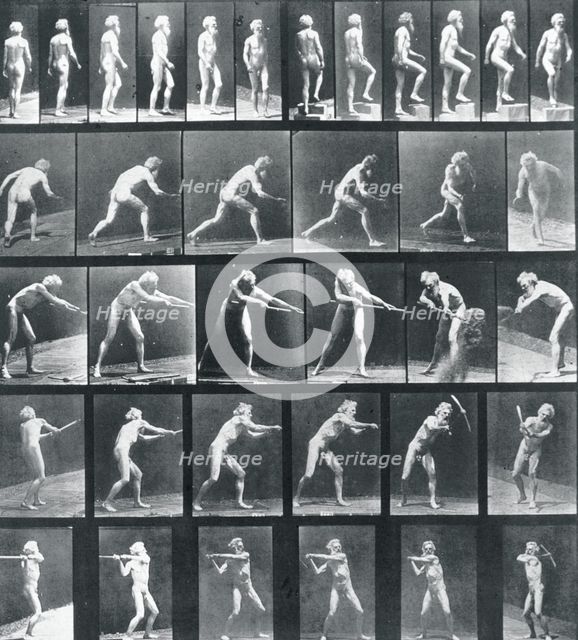 A: Walking. B: Ascending a Step. C: Throwing the disk. D: Using a Shovel. E,F: Using a Pick, 1887. Creator: Eadweard J Muybridge.