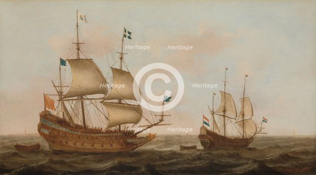 A Warship Built for France and a Dutch Yacht under Sail, c.1635. Creator: Jacob Gerritz Loef.