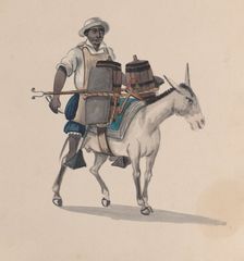 A watercarrier riding a donkey, from a group of drawings depicting Peruvian costume, ca. 1848. Creator: Attributed to Francisco (Pancho) Fierro