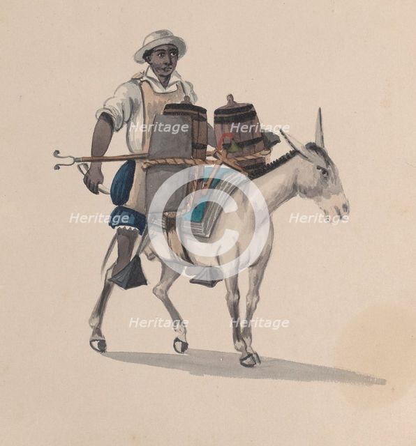 A watercarrier riding a donkey, from a group of drawings depicting Peruvian costume, ca. 1848. Creator: Attributed to Francisco (Pancho) Fierro.