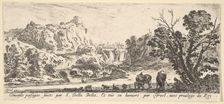 A waterfall descending from the mountains in the center background, various animals an..., ca. 1641. Creator: Stefano della Bella
