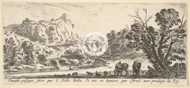 A waterfall descending from the mountains in the center background, various animals an..., ca. 1641. Creator: Stefano della Bella.