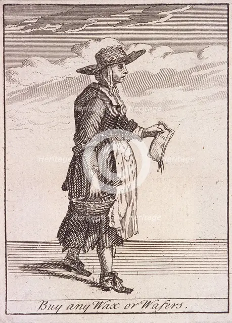 A wax and wafer seller, Cries of London, (c1688?). Artist: Anon