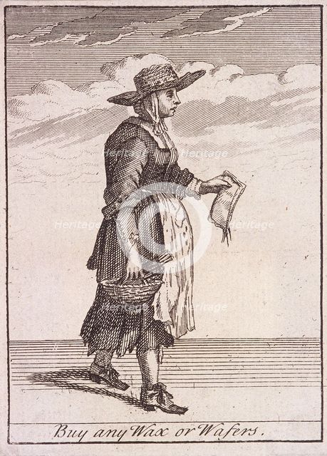 A wax and wafer seller, Cries of London, (c1688?). Artist: Anon