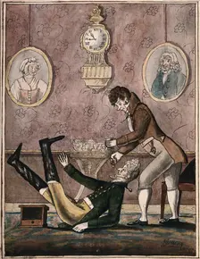 A wealthy patient falls over having a tooth extracted with vigour by a fashionable dentist, 1790. Creator: Unknown