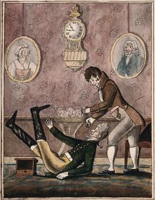 A wealthy patient falls over having a tooth extracted with vigour by a fashionable dentist, 1790. Creator: Unknown