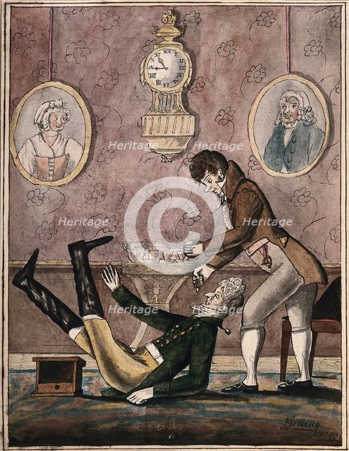 A wealthy patient falls over having a tooth extracted with vigour by a fashionable dentist, 1790. Creator: Unknown.