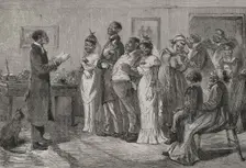 A wedding before the municipal judge, customs of free blacks in the United States, 1878. Creator: Unknown