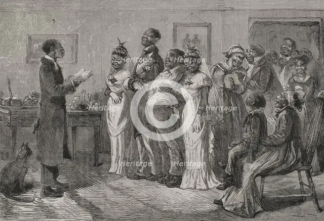 A wedding before the municipal judge, customs of free blacks in the United States, 1878.  Creator: Unknown.