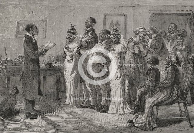 A wedding before the municipal judge, customs of free blacks in the United States, 1878.  Creator: Unknown.