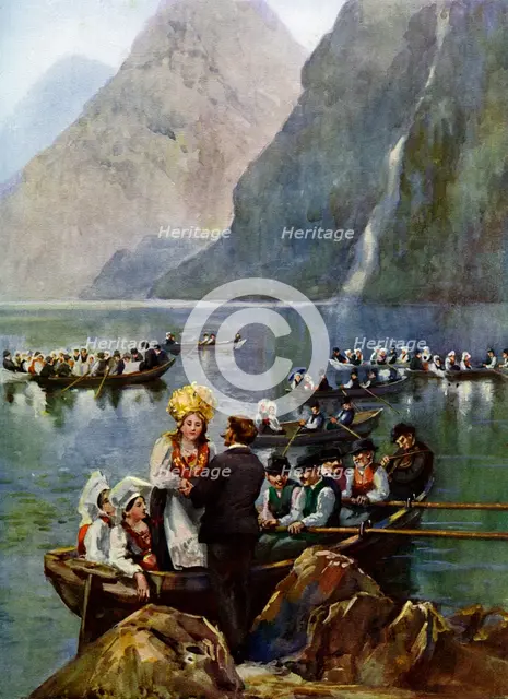 A wedding procession on boats, Norway. Artist: Unknown