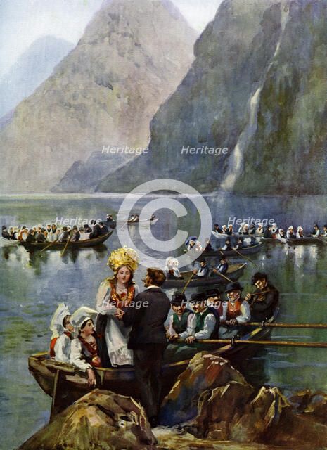 A wedding procession on boats, Norway. Artist: Unknown