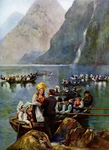A wedding procession on boats, Norway