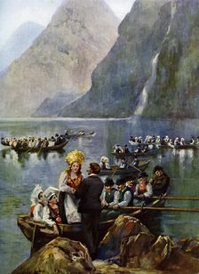 A wedding procession on boats, Norway