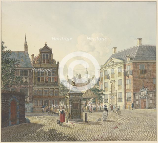 A well house in an open space, with a maid in a red skirt and a bucket. Creator: Johannes Huibert Prins.