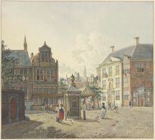 A well house in an open space, with a maid in a red skirt and a bucket. Creator: Johannes Huibert Prins