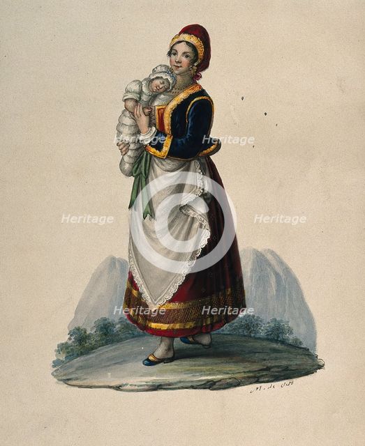 A wet-nurse dressed in Neapolitan costume holding a baby. Creator: M de Sate.