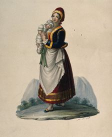 A wet-nurse dressed in Neapolitan costume holding a baby. Creator: M de Sate