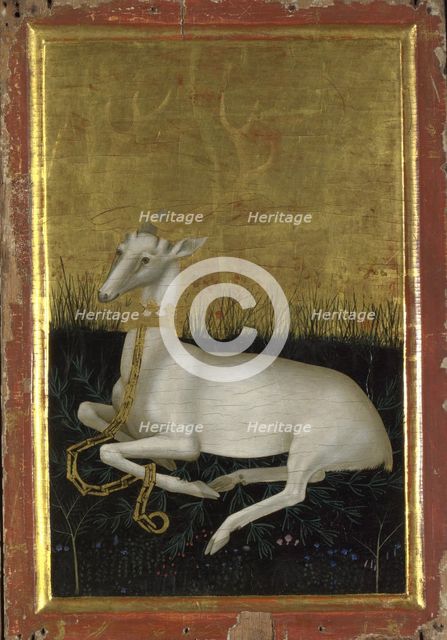 A white hart chained with a crown around its neck (The outside panel of the Wilton Diptych), Between 1395 and 1399. Artist: Wilton Master (active 1395 - 1399)