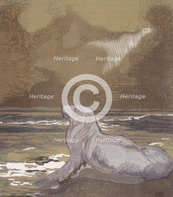 A white seal by the water; scene from "The Jungle Book", 1919. Creator: Paul Jouve.