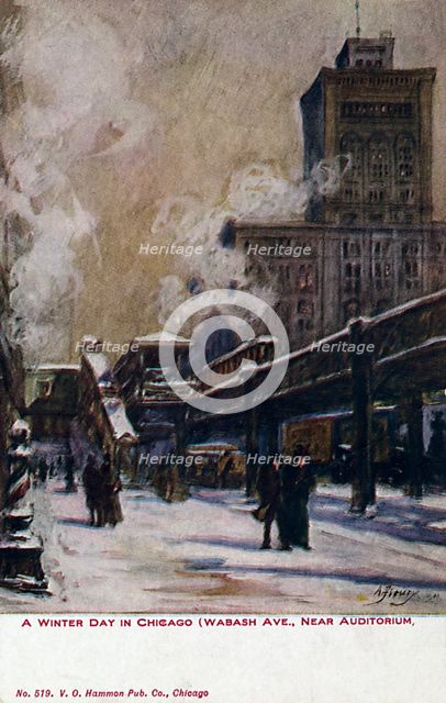 'A Winter Day in Chicago (Wabash Avenue near Auditorium)', postcard, 1911. Artist: Unknown