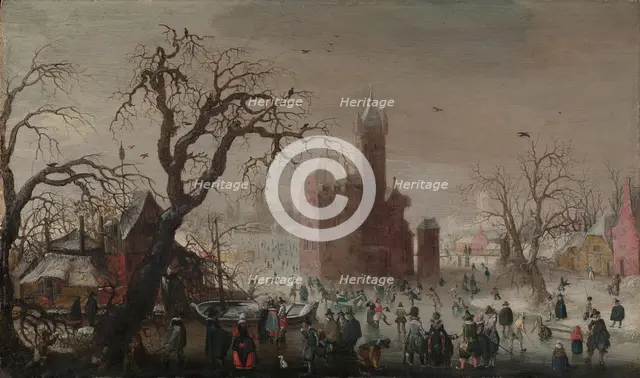 A Winter Landscape with Ice Skaters and an Imaginary Castle, ca. 1615-20. Creator: Christoffel van den Berghe.