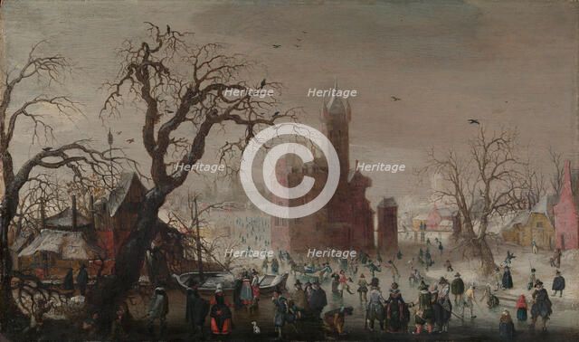A Winter Landscape with Ice Skaters and an Imaginary Castle, ca. 1615-20. Creator: Christoffel van den Berghe.