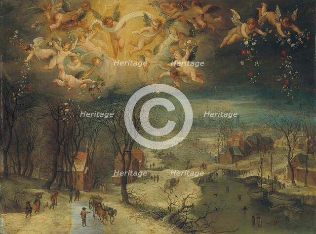 A winter landscape with villagers gathering wood and skaters on a frozen river..., First third of 17 Creator: Brueghel, Jan, the Elder (1568-1625).