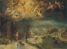 A winter landscape with villagers gathering wood and skaters on a frozen river..., First third of 17 Creator: Brueghel, Jan, the Elder (1568-1625)