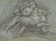 A Winged Putto Riding a Sea Horse and a Lion (after Raphael); verso..., 1574. Creator: Dionisio Calvaert